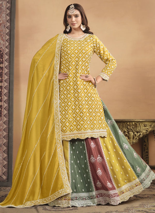 Vegaa Fashion Yellow Chinon Silk Embroidered Lehenga Style Suit