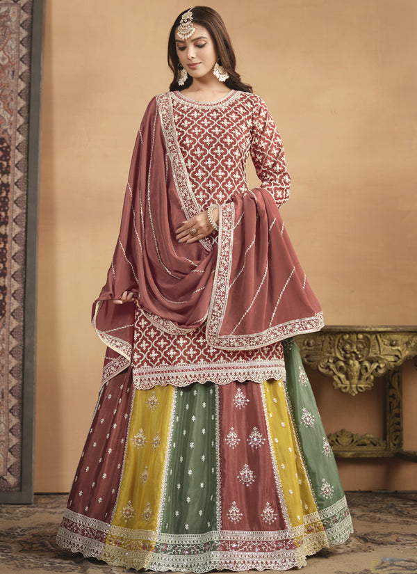 Vegaa Fashion Peach Chinon Silk Embroidered Lehenga Style Suit
