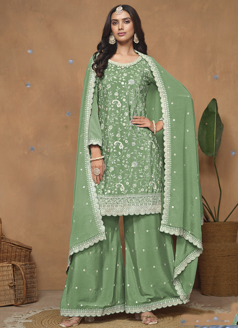 Vegaa Fashion Light Green Chinon Silk Embroidered Palazzo Suit