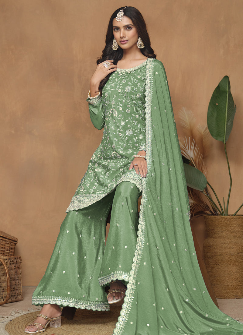 Vegaa Fashion Light Green Chinon Silk Embroidered Palazzo Suit