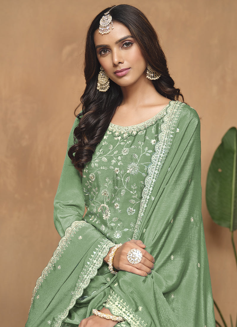 Vegaa Fashion Light Green Chinon Silk Embroidered Palazzo Suit