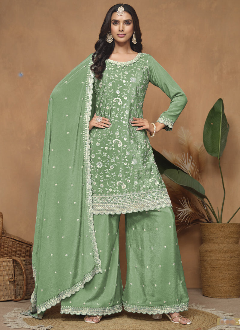 Vegaa Fashion Light Green Chinon Silk Embroidered Palazzo Suit