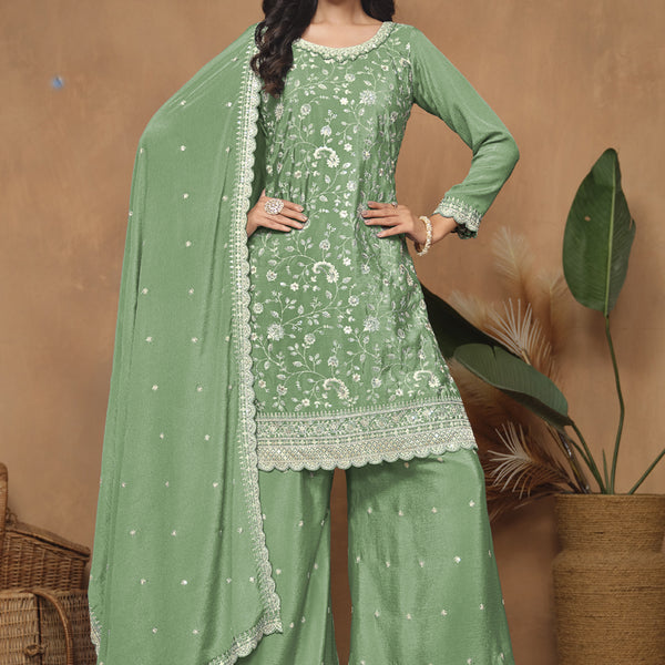 Vegaa Fashion Light Green Chinon Silk Embroidered Palazzo Suit - Distacart