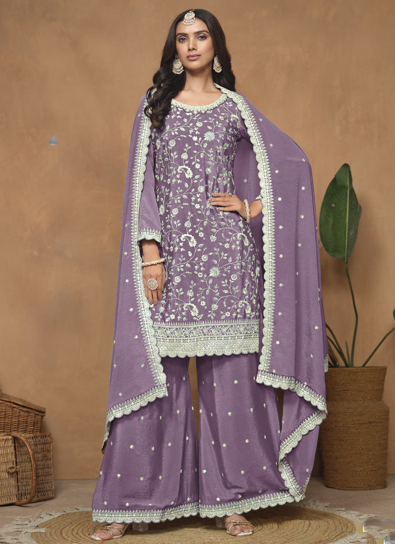 Vegaa Fashion Lavender Chinon Silk Embroidered Palazzo Suit