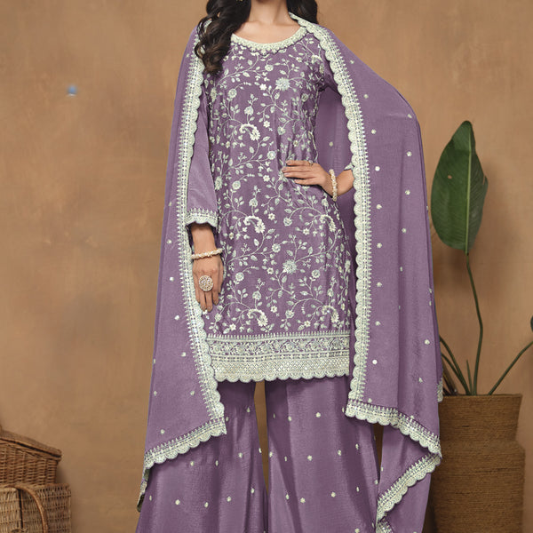 Vegaa Fashion Lavender Chinon Silk Embroidered Palazzo Suit - Distacart