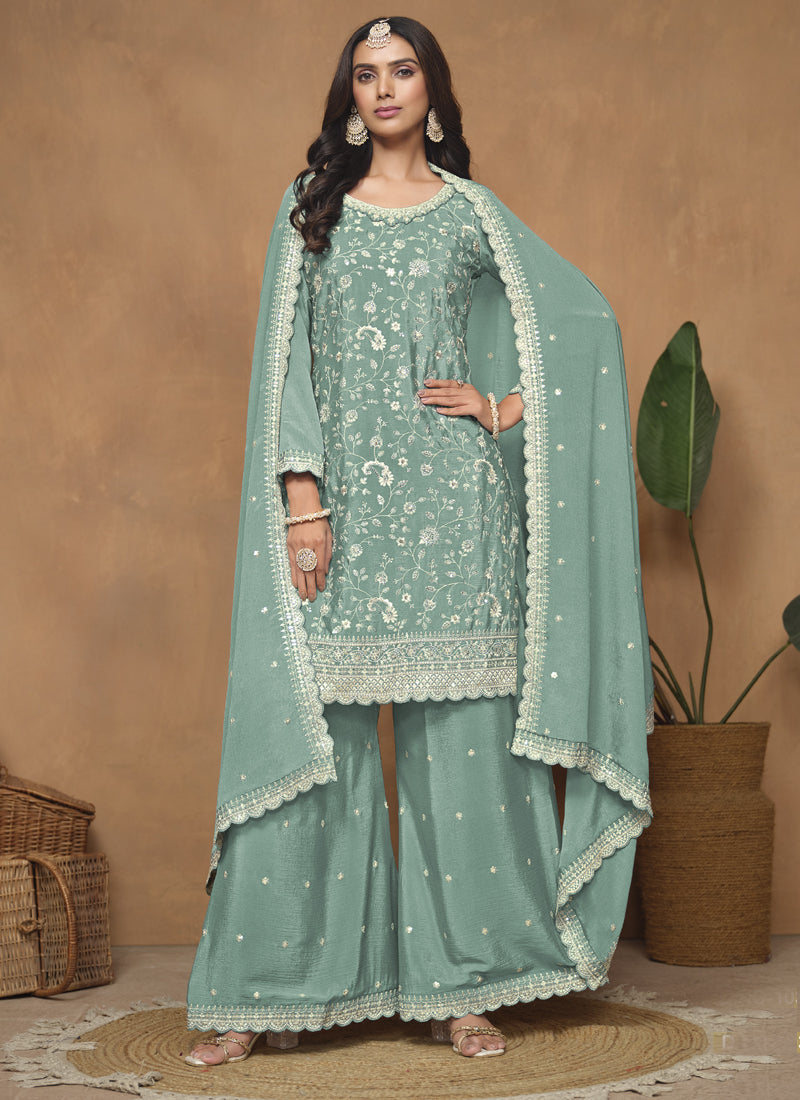 Vegaa Fashion Sea Green Chinon Silk Embroidered Palazzo Suit