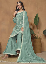Thumbnail for Vegaa Fashion Sea Green Chinon Silk Embroidered Palazzo Suit