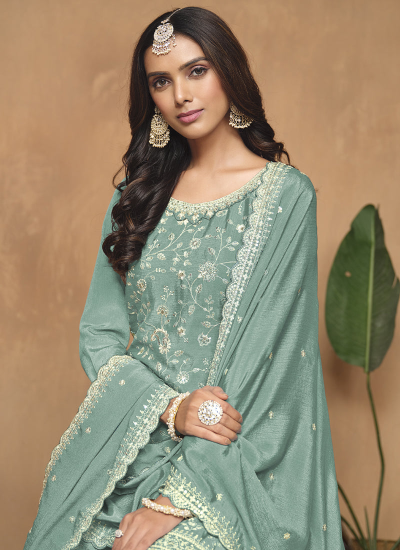 Vegaa Fashion Sea Green Chinon Silk Embroidered Palazzo Suit