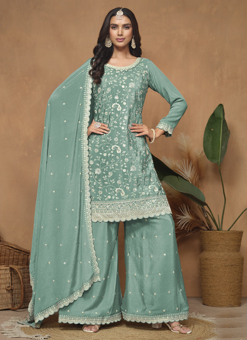 Vegaa Fashion Sea Green Chinon Silk Embroidered Palazzo Suit