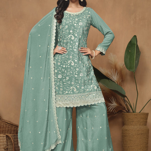 Vegaa Fashion Sea Green Chinon Silk Embroidered Palazzo Suit - Distacart