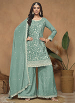 Thumbnail for Vegaa Fashion Sea Green Chinon Silk Embroidered Palazzo Suit