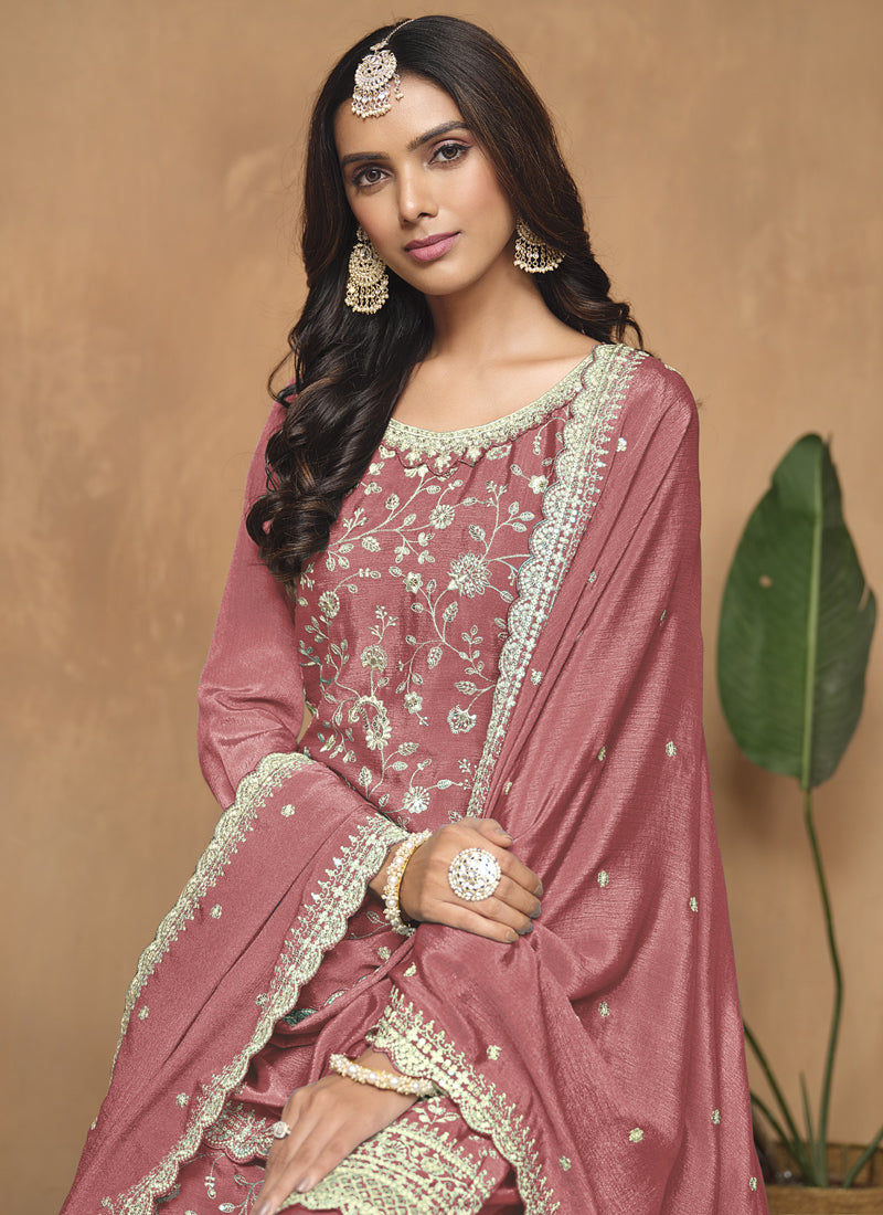 Vegaa Fashion Peach Chinon Silk Embroidered Palazzo Suit
