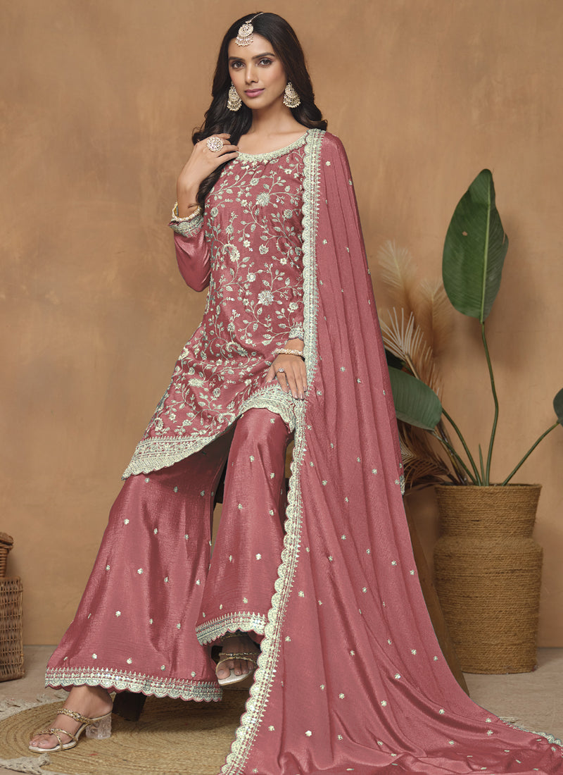 Vegaa Fashion Peach Chinon Silk Embroidered Palazzo Suit