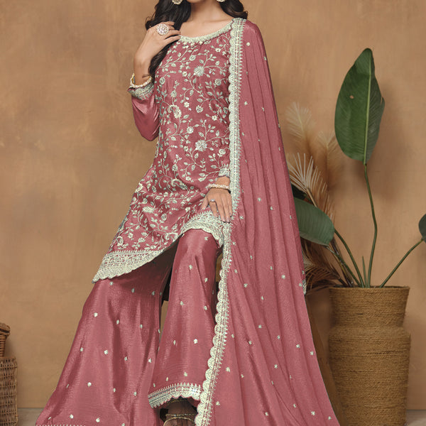 Vegaa Fashion Peach Chinon Silk Embroidered Palazzo Suit - Distacart