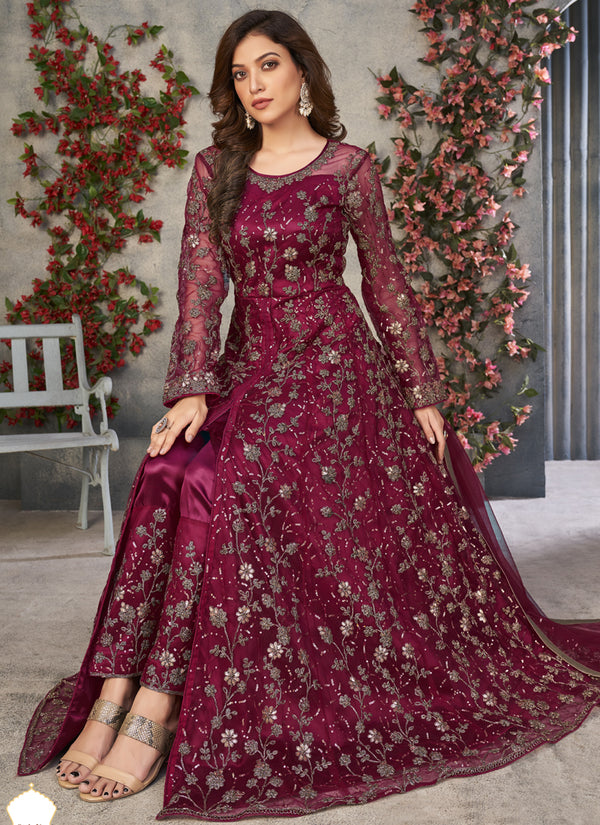 Vegaa Fashion Wine Net Embroidered Anarkali Suit