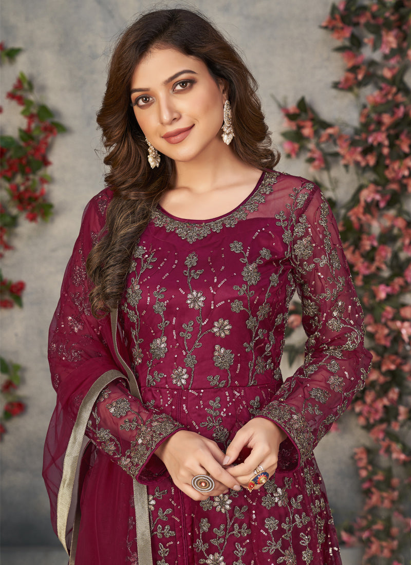 Vegaa Fashion Wine Net Embroidered Anarkali Suit