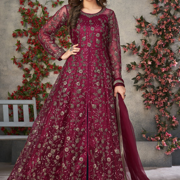 Vegaa Fashion Wine Net Embroidered Anarkali Suit