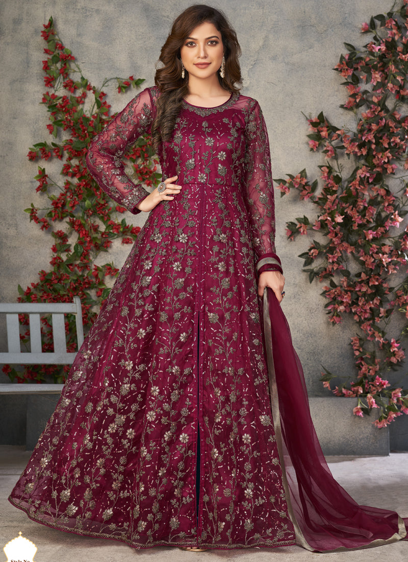 Vegaa Fashion Wine Net Embroidered Anarkali Suit - Distacart
