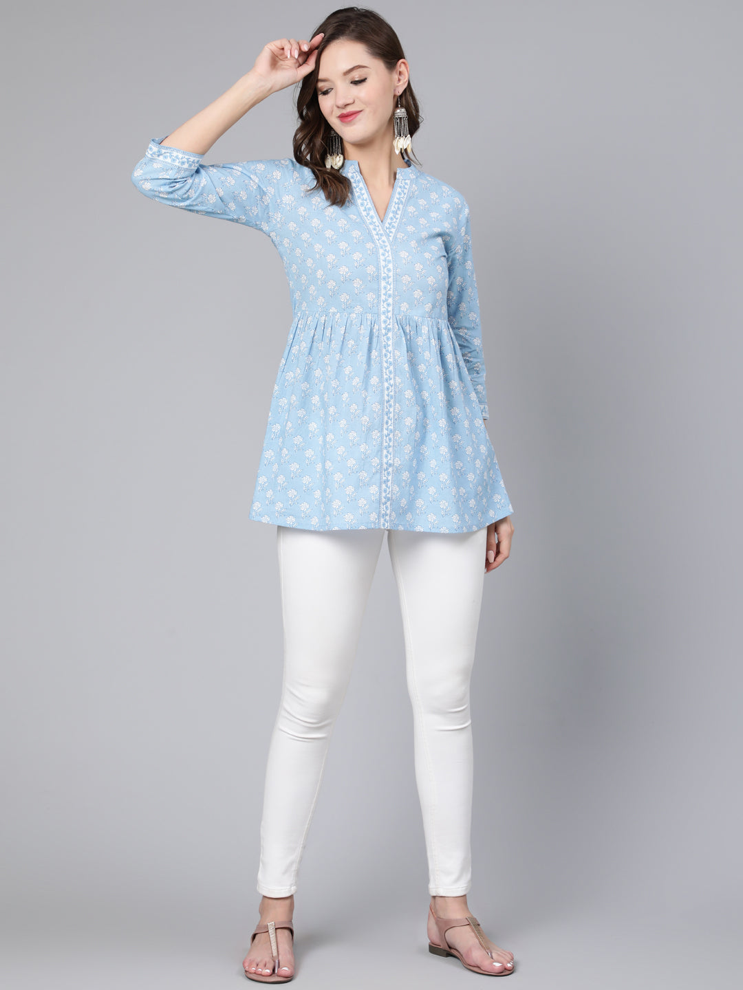 Antaran Light Blue Pure Cotton Printed Tunic - Distacart