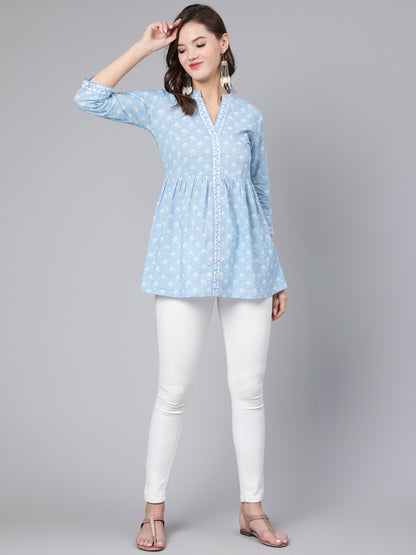 Antaran Light Blue Pure Cotton Printed Tunic - Distacart