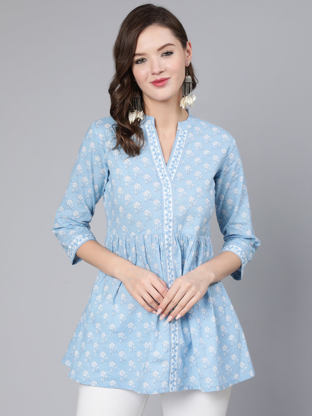 Antaran Light Blue Pure Cotton Printed Tunic - Distacart