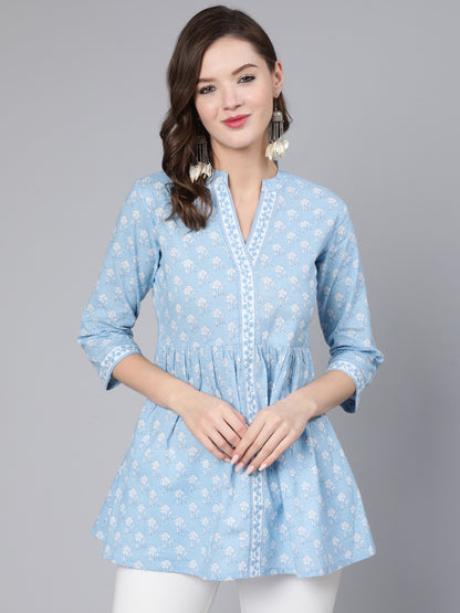 Antaran Light Blue Pure Cotton Printed Tunic - Distacart