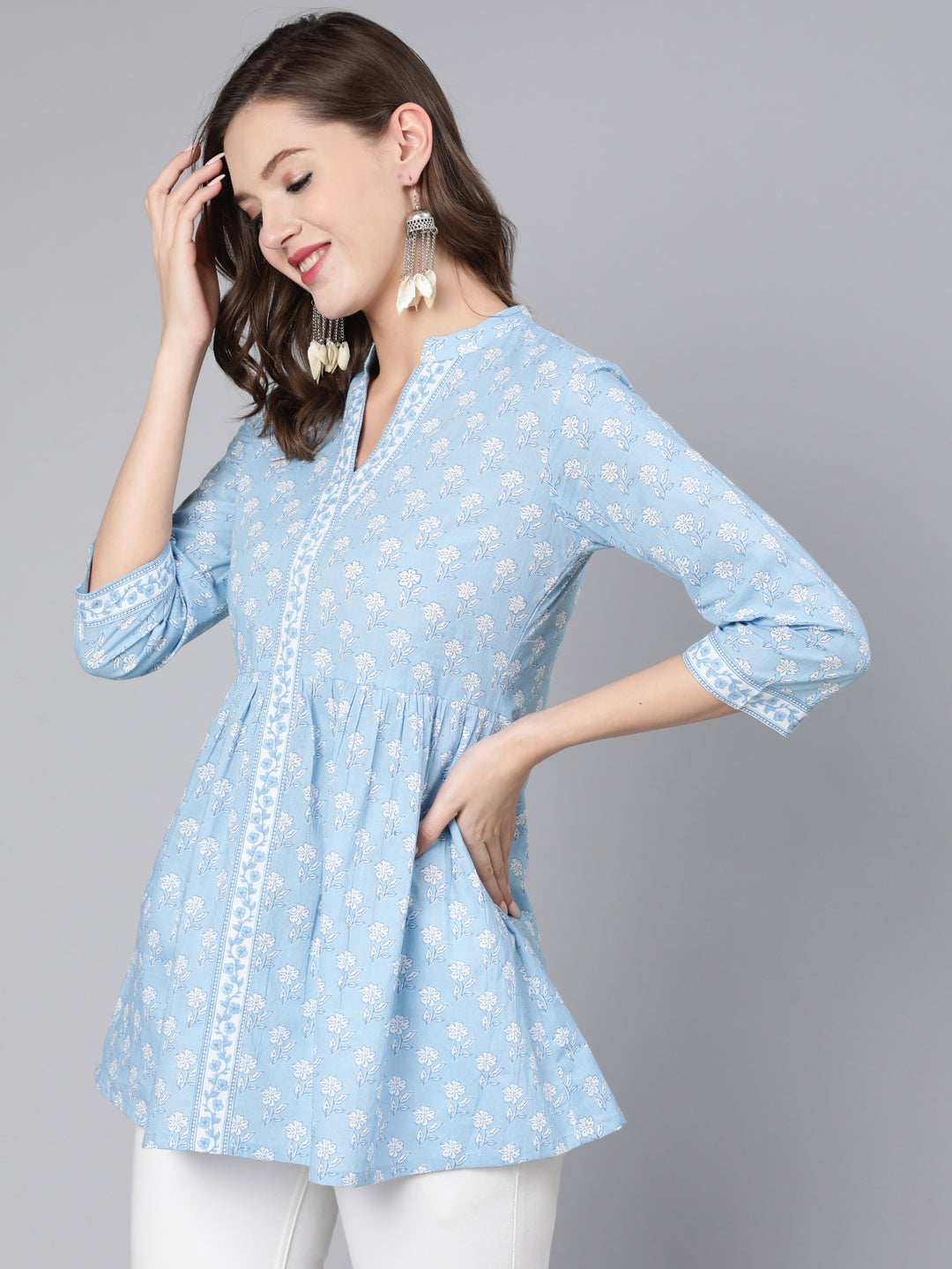 Antaran Light Blue Pure Cotton Printed Tunic - Distacart
