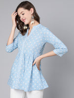 Thumbnail for Antaran Light Blue Pure Cotton Printed Tunic - Distacart