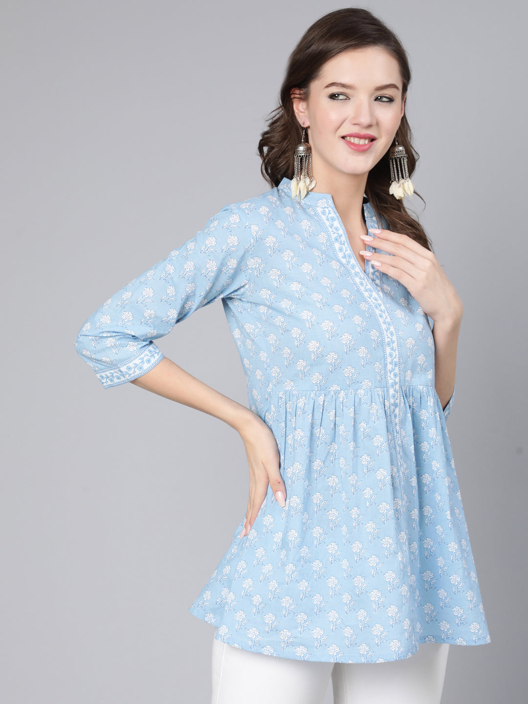 Antaran Light Blue Pure Cotton Printed Tunic - Distacart