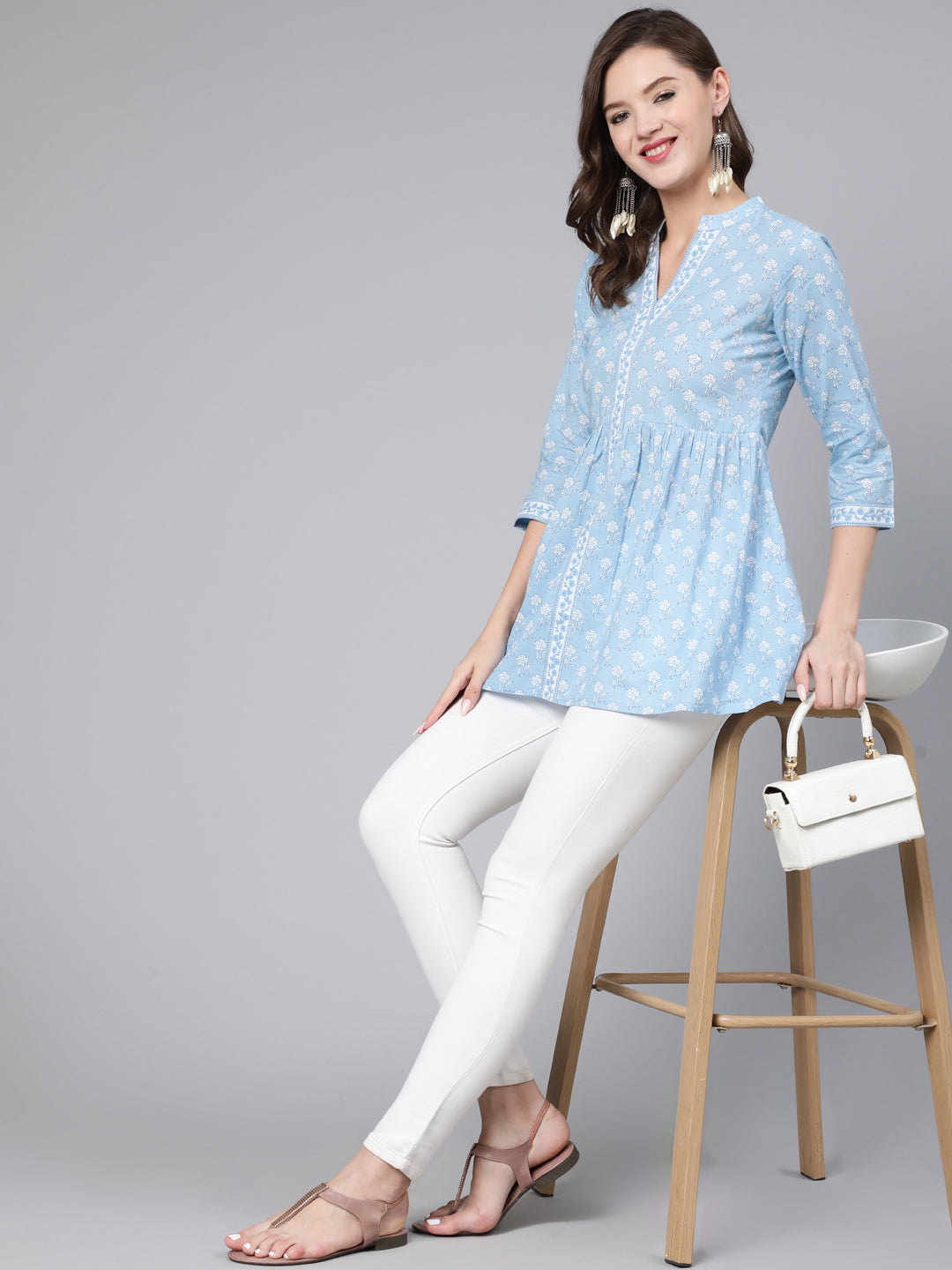 Antaran Light Blue Pure Cotton Printed Tunic - Distacart