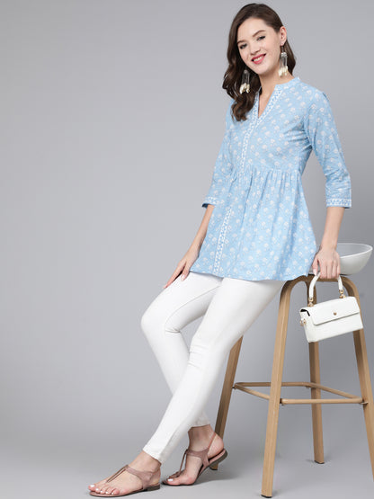 Antaran Light Blue Pure Cotton Printed Tunic - Distacart