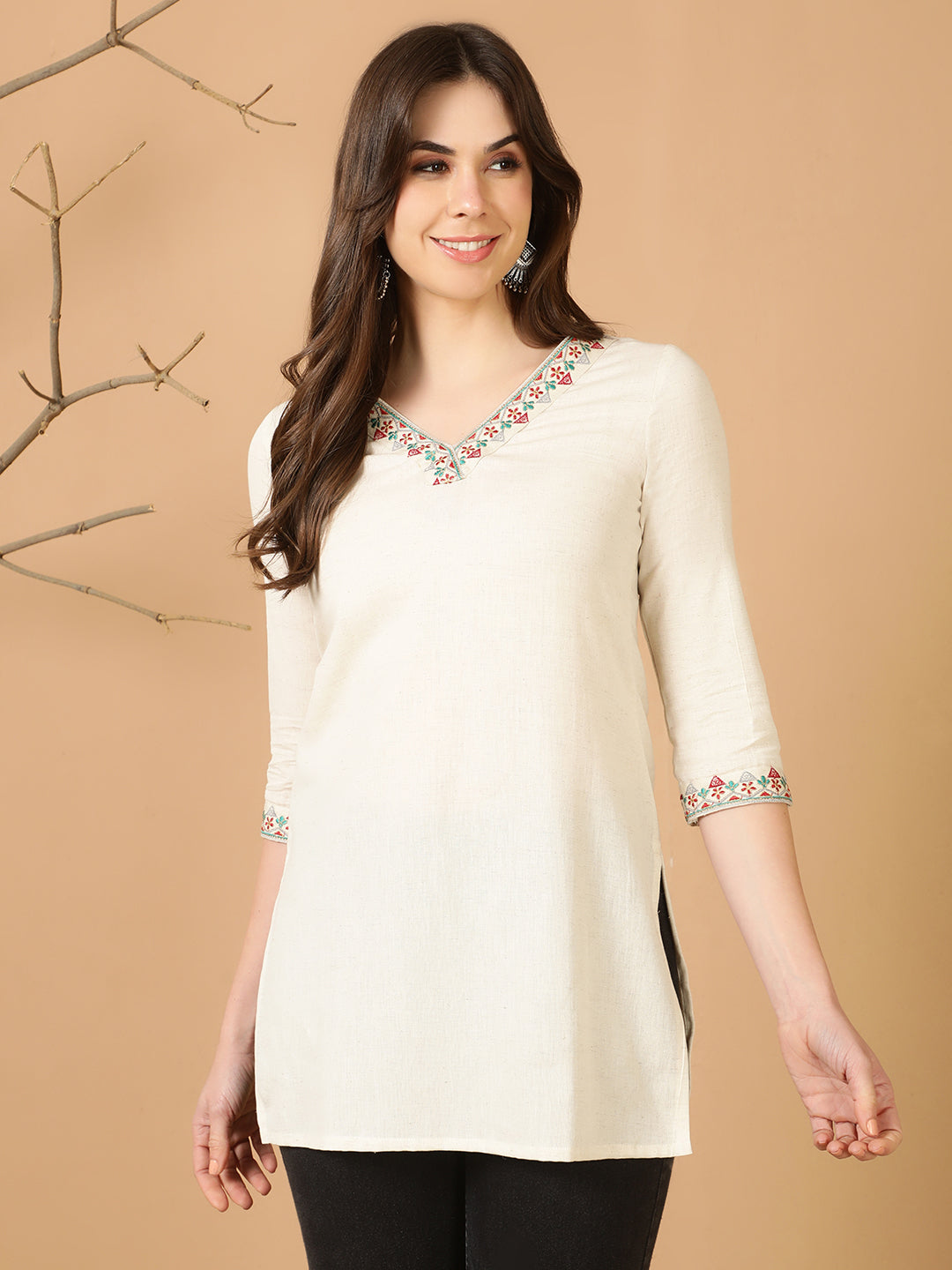 Antaran Off White Cotton Flex Embroidered Tunic - Distacart