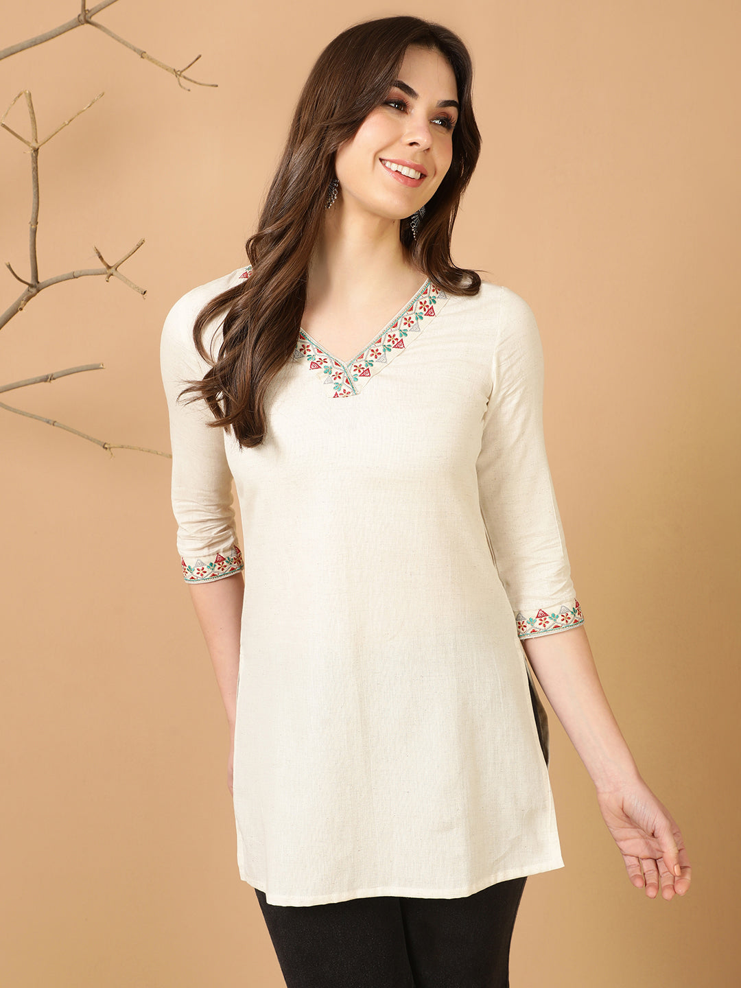 Antaran Off White Cotton Flex Embroidered Tunic - Distacart