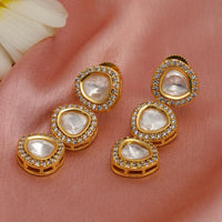 Thumbnail for Uncut 3 Tier Kundan Dangler Earrings (Gold) - Ruby Raang - Distacart