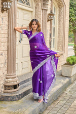 Thumbnail for Vastranavya Purple-Blue Embroidery Work Shimmer Chiffon Saree with Unstitched Blouse