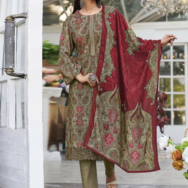 Jyoti Fashion Women's Green Velvet Digital Print with Resham Thread work Kurta with Trouser & Dupatta - Distacart