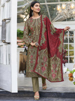Thumbnail for Jyoti Fashion Women's Green Velvet Digital Print with Resham Thread work Kurta with Trouser & Dupatta - Distacart