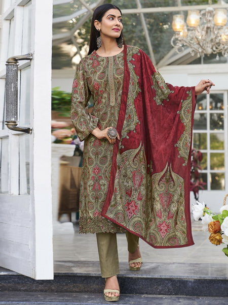 Jyoti Fashion Women's Green Velvet Digital Print with Resham Thread work Kurta with Trouser & Dupatta - Distacart