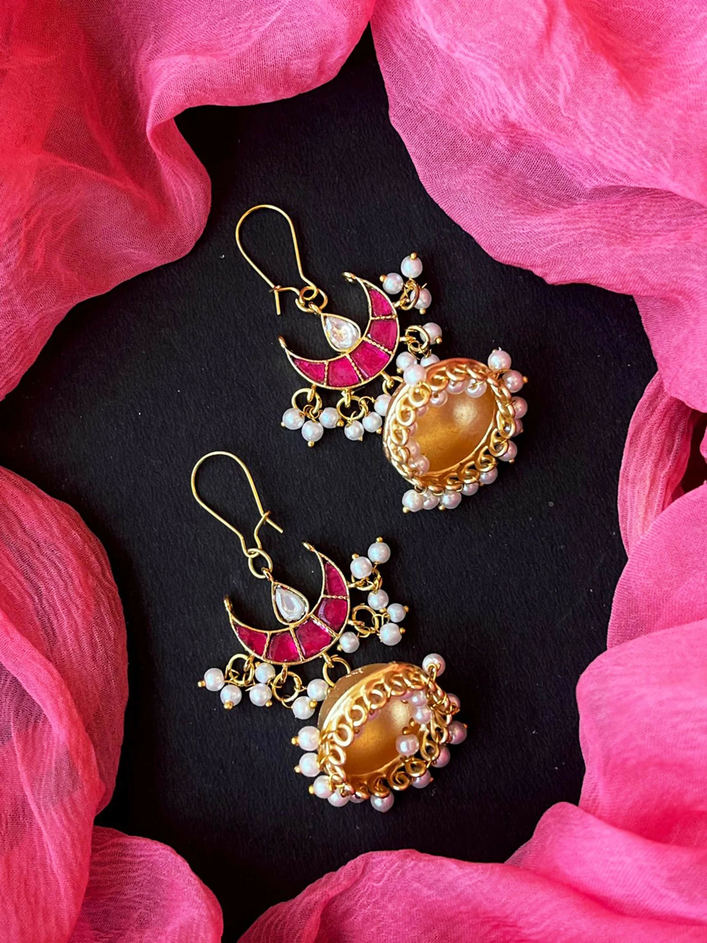 Joban Fashion Women Pink Pachi Kundan With Golden Jhumki Earring