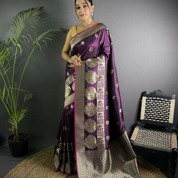 Joban Fashion Wine Banarasi Soft Lichi Silk Paisley Saree