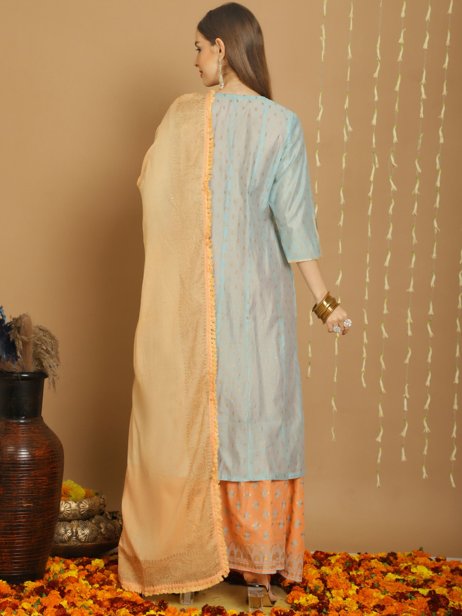 Jyoti Fashion Women's Turquoise Chanderi Silk Elegant Jardoshi Kurta with Trouser & Dupatta - Distacart