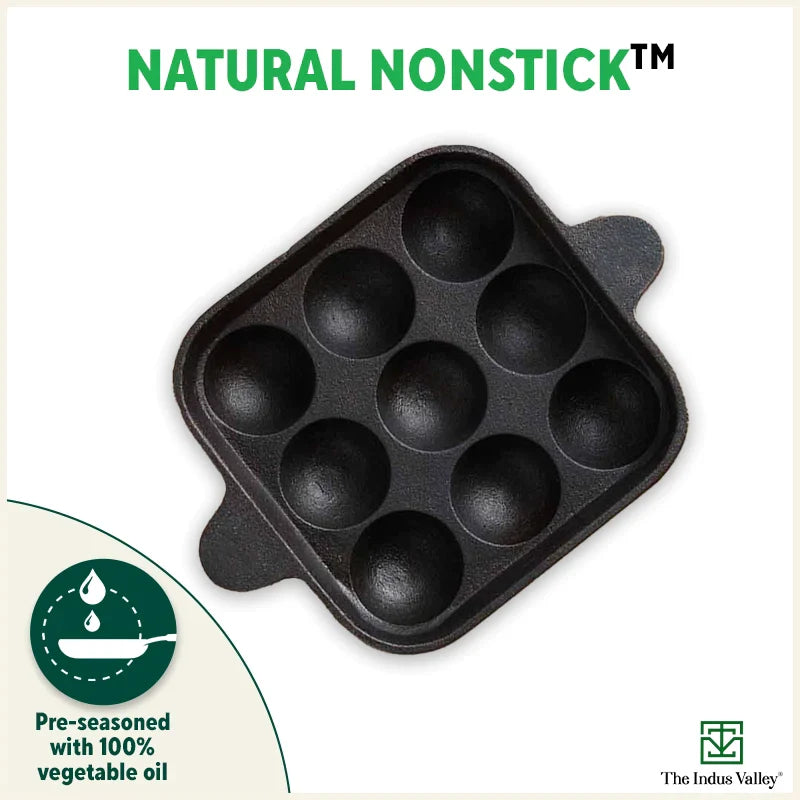 The Indus Valley 9 Pit/Cup CASTrong Cast Iron Paniyaram/Appe Pan+ Spatula, Pre-seasoned, Natural Nonstick, 100% Pure, Toxin-free, 18.2 cm, 1.34 kg - Distacart