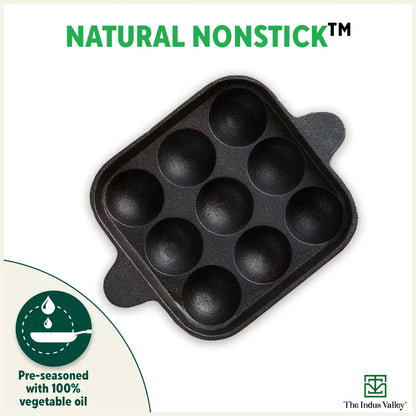 The Indus Valley 9 Pit/Cup CASTrong Cast Iron Paniyaram/Appe Pan+ Spatula, Pre-seasoned, Natural Nonstick, 100% Pure, Toxin-free, 18.2 cm, 1.34 kg - Distacart