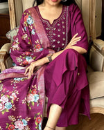 Thumbnail for The52 Wine Women's Gorgeous Embroidered Rayon Fabric Straight Kurta Pant with Dupatta Set - Distacart