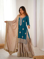 Thumbnail for Lehenga Mart Designer Sharara Suit With Kurta, Sharara, Dupatta For Women-Teal Blue - Distacart