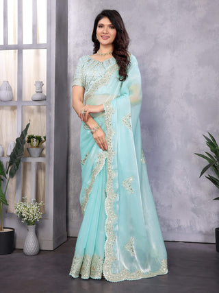 Vastranavya Sky Blue Embroidery Work Shimmer Chiffon Saree with Unstitched Blouse