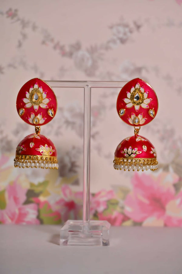 Red Meenakari Jhumki Earrings For Party By House of Ree - Distacart