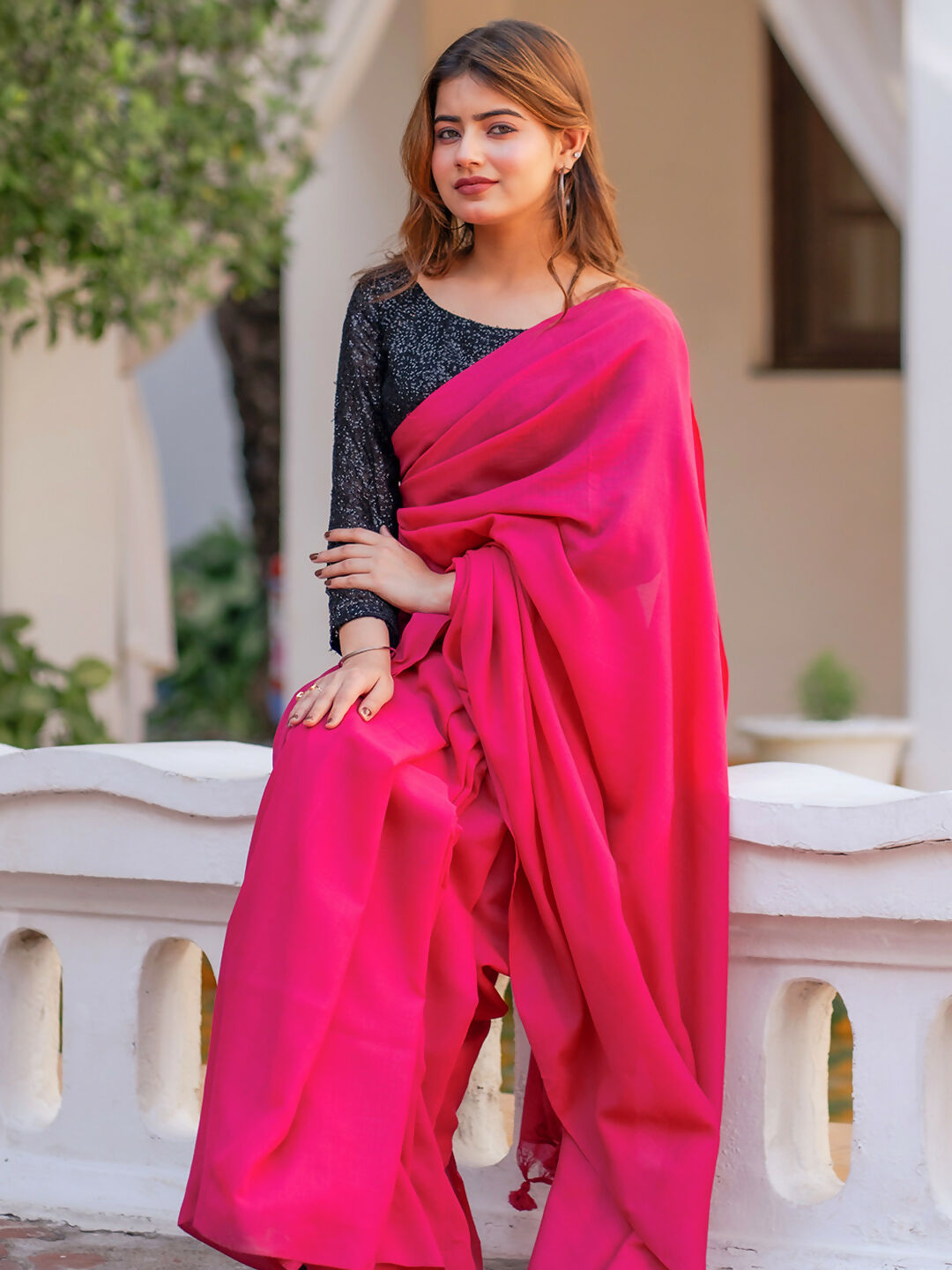 Zibaa Hand-Dyed Mul Cotton Pink Saree with Tassels