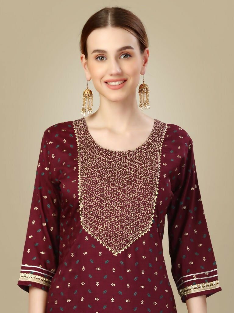 Jyoti Fashion Women's Maroon Silk Blend Embroidery & Sequence work Kurta with Trouser & Dupatta - Distacart
