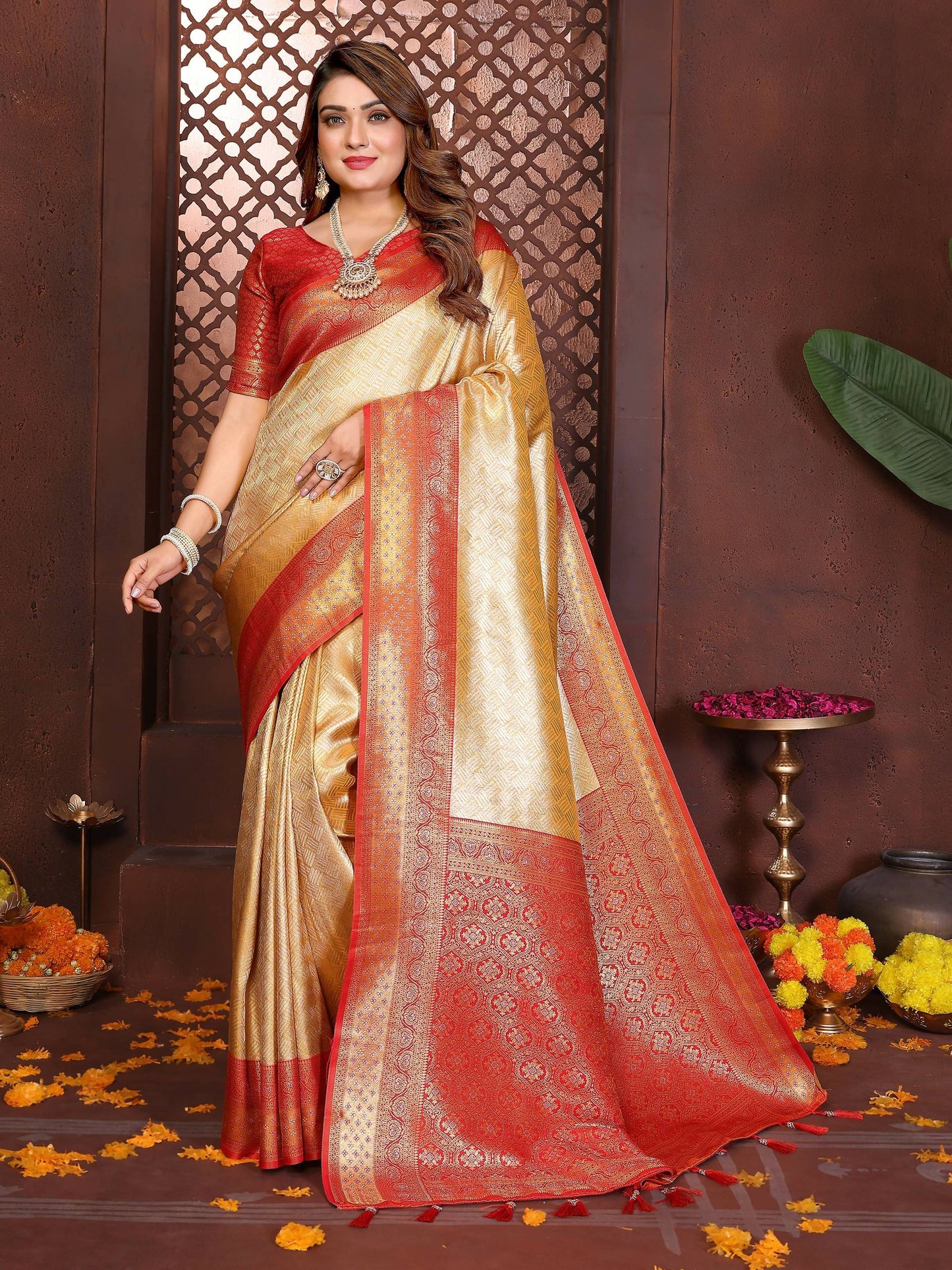 Aastha Fashion Cream Tissue Silk Woven Saree - Distacart